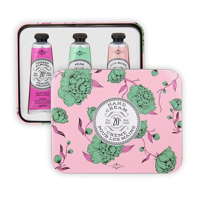 La Chatelaine Rose Hand Cream Trio Tin Gift Set, Ready-To-Gift Tin, Nautral, Made in France with 20% Organic Shea Butter, Nourishing and Moisturizing (Cherry Almond, Pear, Oud Rose)