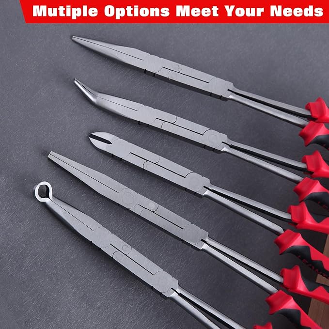 Straight and 45-Degree Bent Needle Nose Pliers Set 2Pcs Double Jointed Needle Nose Pliers Set Extra Long Needle Nose Plier with Serrated Jaw Long reach pliers for Hard to Reach Narrow Spaces