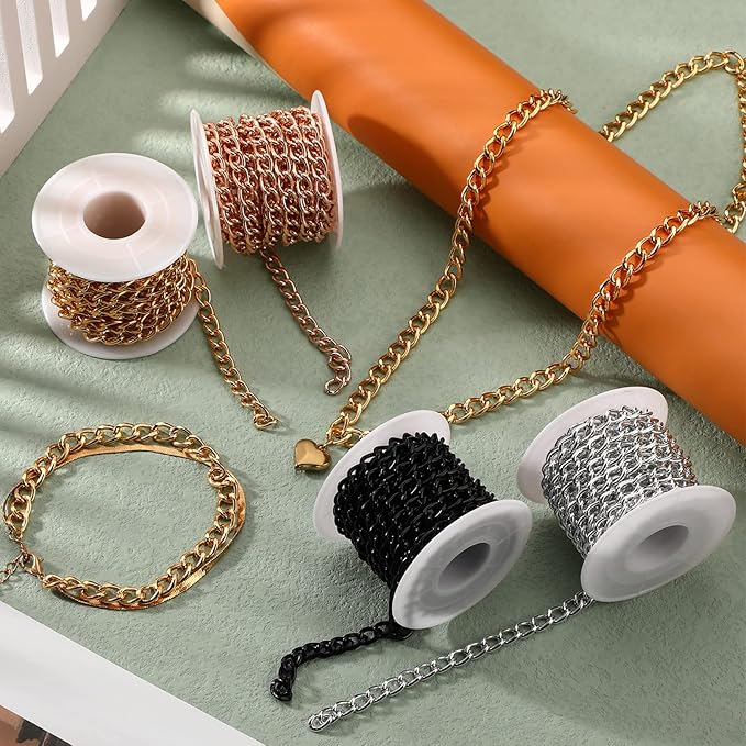 Jadive 4 Rolls 39.4 Feet Aluminium Necklace Chains 6.5 mm Twisted Links Spool Chain Jewelry Making Chains for Bracelet Necklace Jewelry Making(Rose Gold, Black, Silver, Gold)