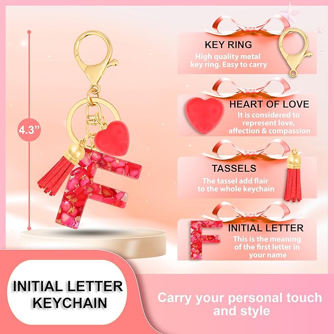Initial Keychains for Women with Cute Heart Resin - Alphabet Letter Keychain for Bag, Backpacks, Purse or Car key