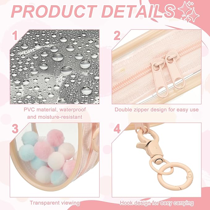 uxcell 4 Inch Clear Figure Display Bag, Mini Clear Pouch Waterproof Coin Pouch with Keychain and Pom Poms for Blind Box Doll Display (Round, Dusty Mauve)