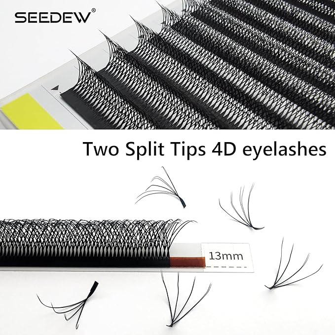 SEEDEW 4D-Double Tips Lash Extensions, 0.07mm D Curl 10mm 12 Rows/Tray, W Shape 4DD Flat Stem, PBT Volume False Eyelashes for Beginner Artist, Lash Tech, Beauty Salon(4DD-Matte Black-0.07-D-10mm)