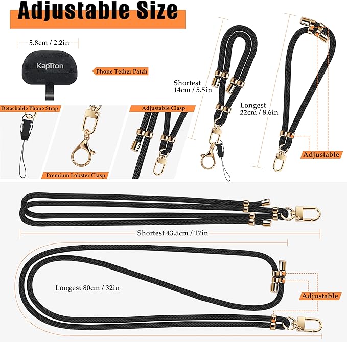 Kaptron 2Pcs Cell Phone Lanyard: Universal Adjustable Crossbody Phone Strap and Wrist Strap, with 2 Lobster Clips and 2 Tether Patches, Compatible with Most iPhone and Android Smartphones (Black/Gold)