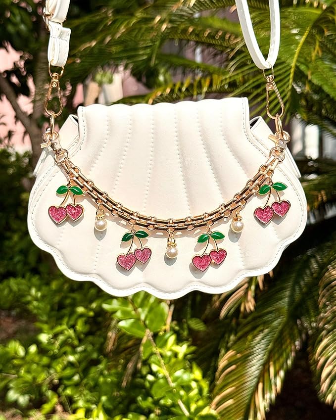 Cute Cherry Bag Chain Keychain with Pearl, Pink Bow Purse Charm, Trendy Handbag Bag Charm Keychain Accessories for Women