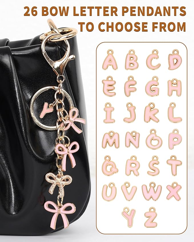Bow Purse Charms Keychain - Pink Bow Alphabet Letter Key Chain, Bag Charms Wallet