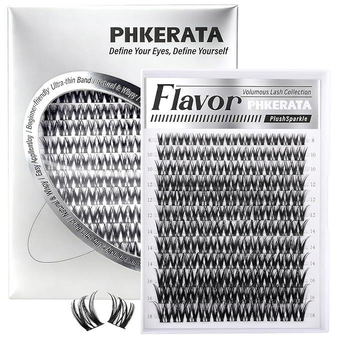 PHKERATA Flora Lash Clusters Wispy Eyelash Clusters 8-18mm Natural Cluster Eyelash Extensions Soft Volume Individual Lashes DIY Feather-Light D Curly Cluster Lashes Extension with Ultra-Thin Band