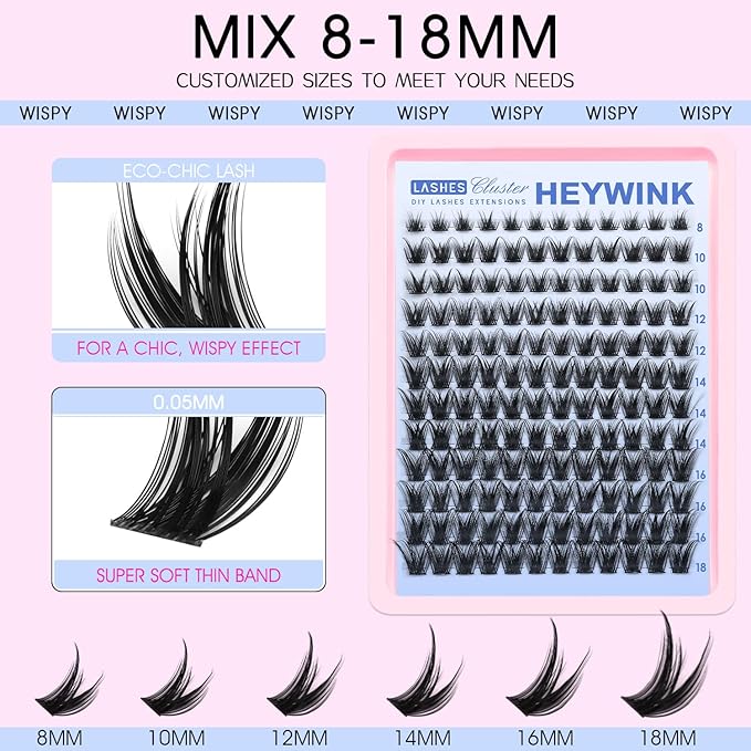 Lash Clusters Kit Wispy Lash Clusters Kit Cluster Eyelash Extensions 8-18mm Lash Extension Kit Eyelash Cluster Eyelash Extensions Clusters with Soft Thin Band Waterproof DIY Individual Lashes