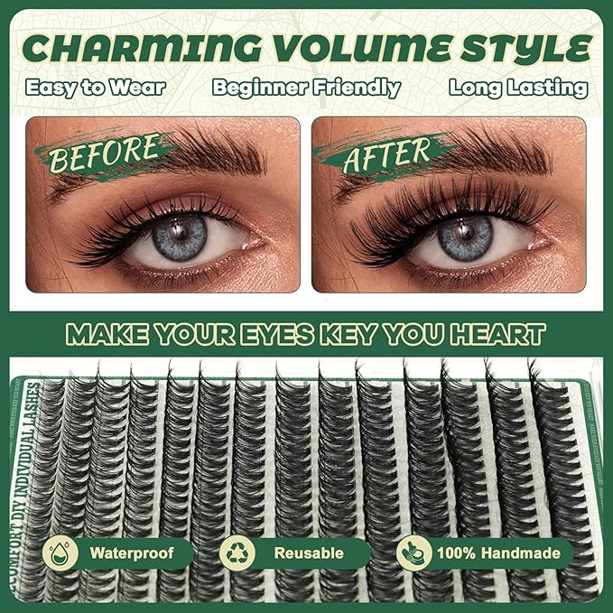 Lash Clusters 280Pcs Eyelash Clusters KEYYOU 60D D Curl 9-18MIX Clusters Lashes Thick Super Soft Wispy DIY Eyelash Extension at Home(60D-D,9-18MIX)