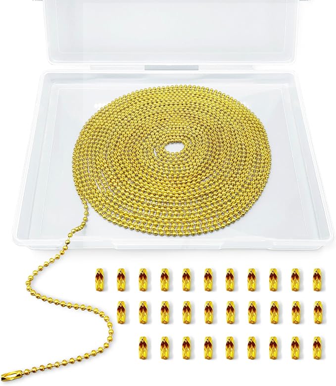33 Feet Ball Chain Necklace, 2.4mm Ball Bead Chain with 30 Pieces Connectors Clasps,Metal Ball Chain for Dog Tag, Ceiling Fan Pull Chain Extender, Jewelry Making Kit, DIY Crafts (Gold)
