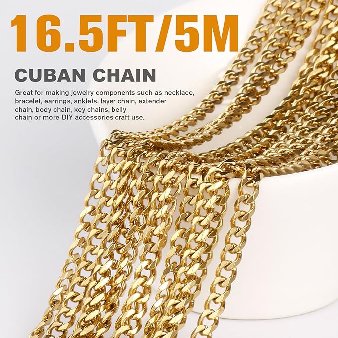 16.5FT Gold Cuban Chain Roll 6MM 18K Gold Plated Diamond-Cut Curb Link Chains Spool Bulk for DIY Crafts Jewelry Making
