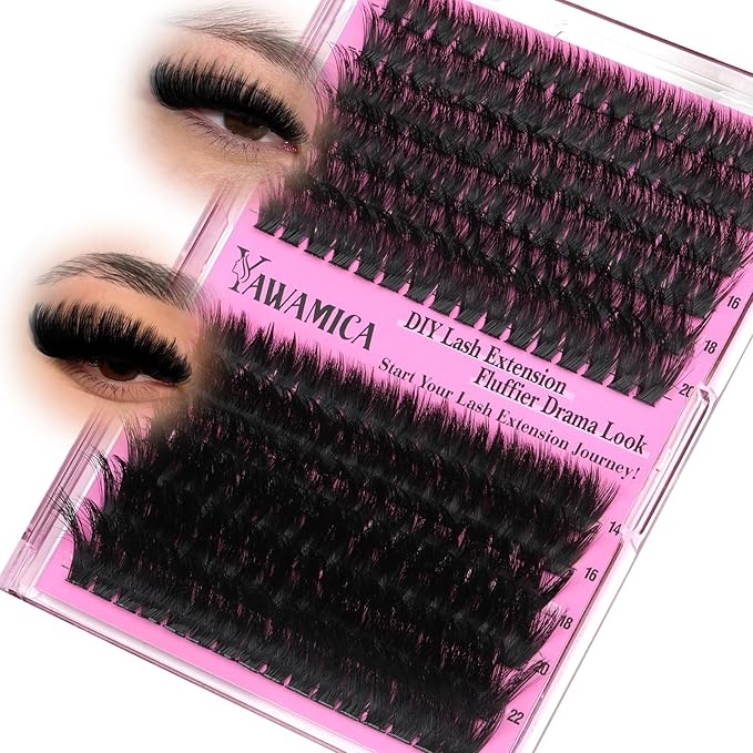 Yawamica Volume Lash Clusters Fluffy Wispy Eyelash Clusters 160D+300D Cluster Eyelash Extensions 12-24mm Long Thick Individual Lashes Dramatic Full Cluster Lashes DIY Salon Extension by Self