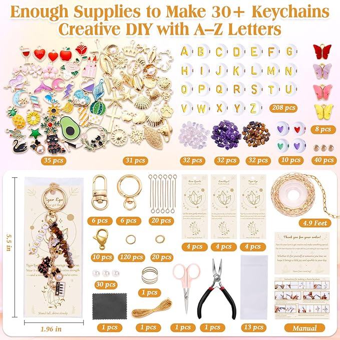 TOHONGADON 674 Pcs Keychain Making Kit, Bag Charm Kit with 3 Kinds of Crystal Stones, 322 Charms, 12 Keychain Clips, Key Ring Jewelry Plier, Extender Chain, Letter Beads for DIY Crafting