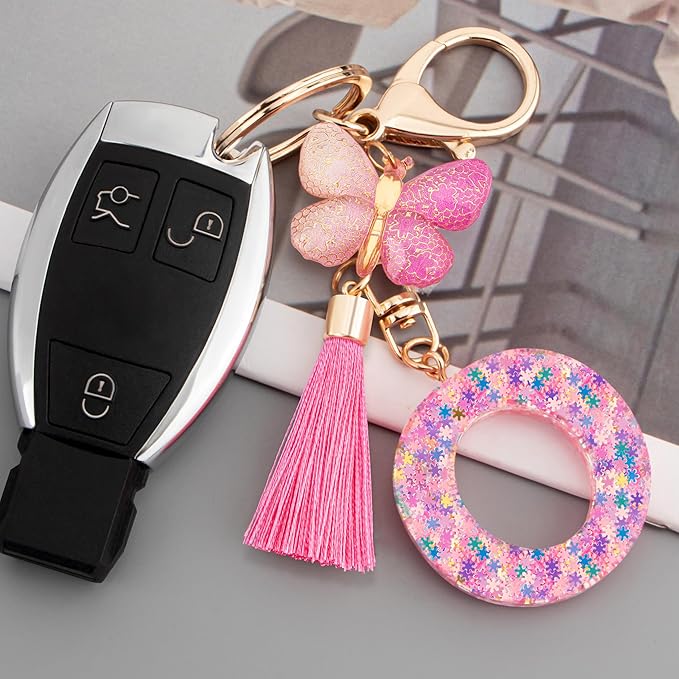 Suweibuke Cute Pink Key Chains for Women Girls, Initial Letter Keychains with Tassel, Charms for Key Purse Handbags Backpacks