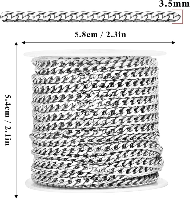 16.5 Ft Stainless Steel Curb Chains, 5mm 6mm 7mm 9mm Cuban Chain Roll Bulk for Jewelry Making