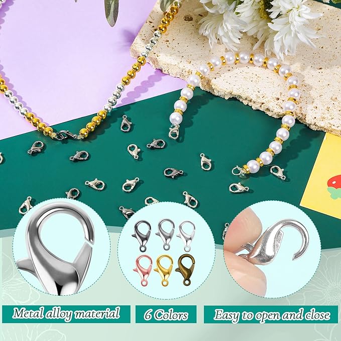 AUGSUN 6 Colors Lobster Claw Clasps and Open Jump Rings Set, 400PCS Lobster Claw Clasps with Open Jump Rings for Jewelry Making Accessories,12 mm X 7 mm