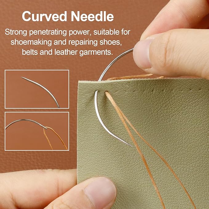 FIVEIZERO Heavy Duty Hand Sewing Needles Set - Large Eye Leather Sewing Needles for Hand Stitching,Upholstery, Carpet,and Canvas Repair, Including Curved Sewing Needles and Needle Threaders