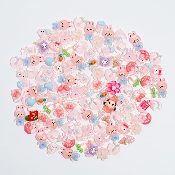 Charms 100PCS Mixed Kawaii Flatback Resin Charms for Crafts, Cabochon for DIY Projects, Slime Charm, Resin Art, Scrapbooking, Phone Case & Accessories (Light Pink)