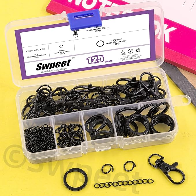 Swpeet 125Pcs Black Keychain Making Set, 25Pcs Swivel Lanyard Snap Hook, 25P Keychain Ring, 25P Extender Chains, 50P Open Jump Rings, Swivel Lobster Clasps, Keychains Clips