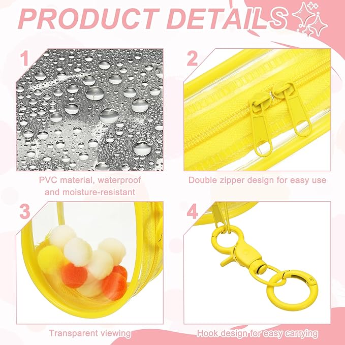 uxcell 4 Inch Clear Figure Display Bag, Mini Clear Pouch Waterproof Coin Pouch with Keychain and Pom Poms for Blind Box Doll Display (Round, Yellow)