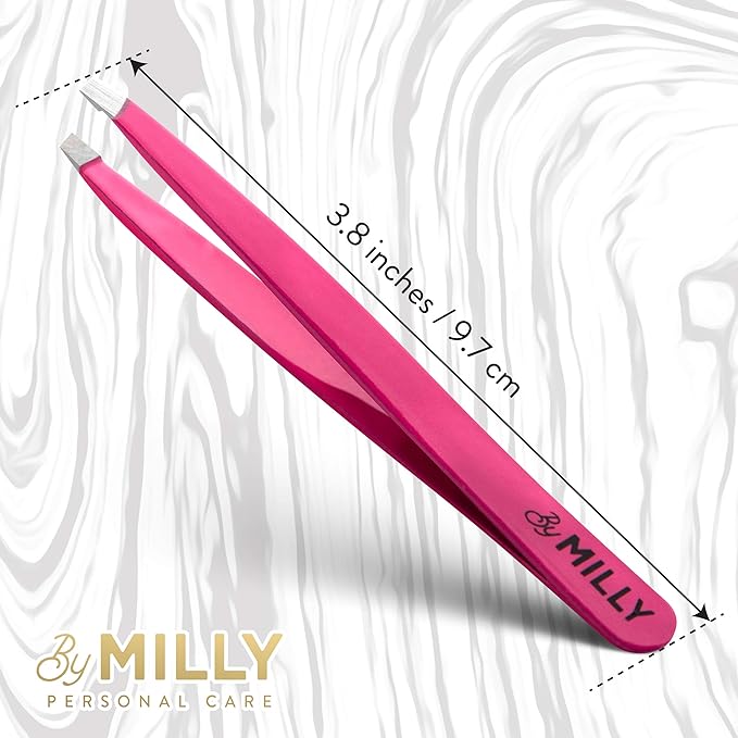 By MILLY Professional Slanted Tweezers for Women and Men | High Carbon Stainless Steel Sharp Tweezer | Tweezers for Women Facial Hair Plucking, Hand-Filed & Aligned Precision Slant Tips - Pink