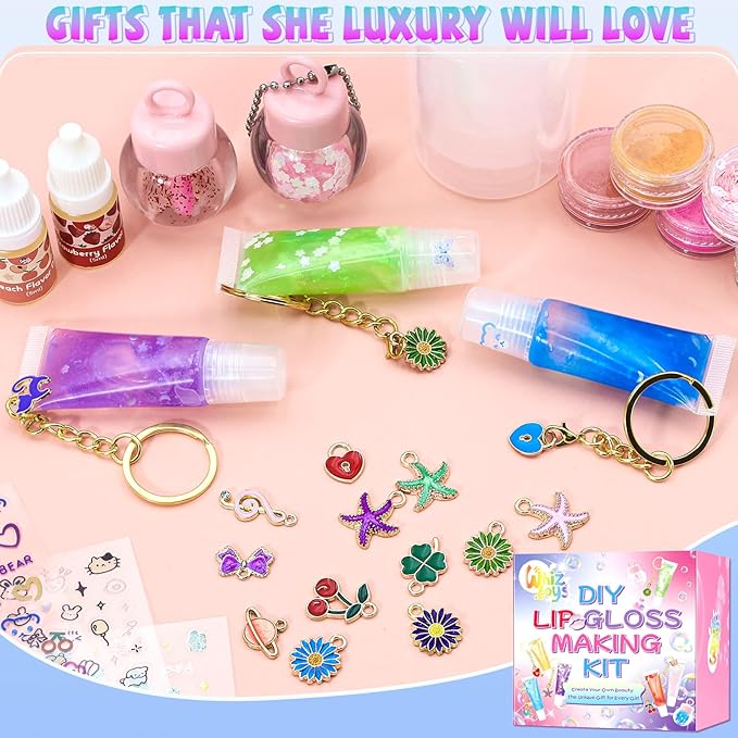 WhizToys DIY Lip Gloss Making Kit - Make Your Own Lip Glosses Set Clear Base Lipgloss Keychain Making Kit，Cute Stuff Birthday Christmas Gift for Her