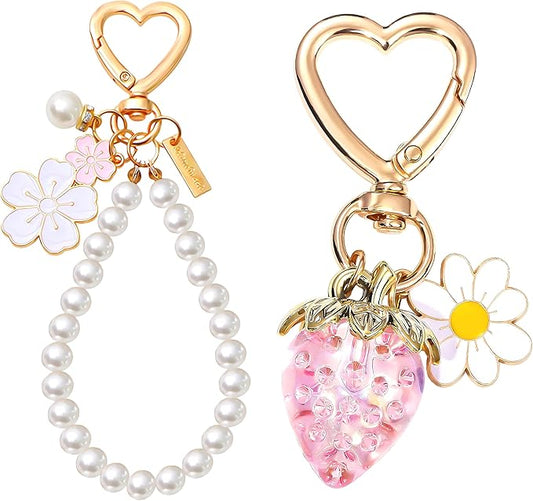 2Pcs Strawberry Keychain Flower Cherry Blossom Keychain Cute Bag Charms Strawberry Gift for Women Girls