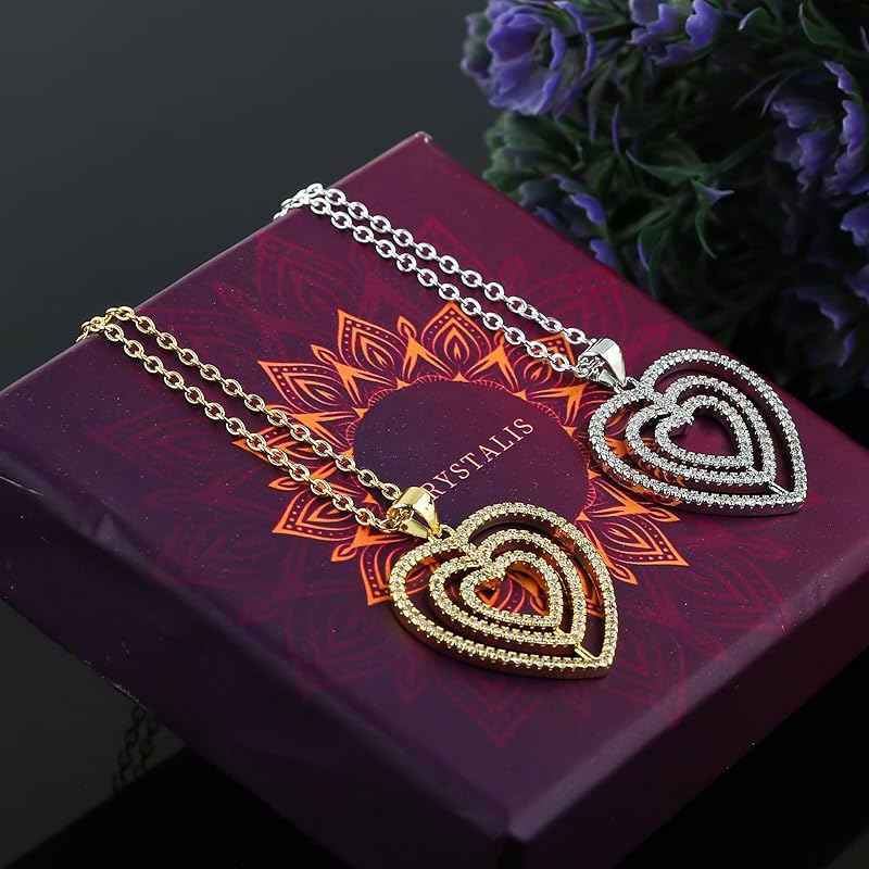 JOR Hearts in Heart Charm Pendant Necklace, CZ, Women Jewelry, Dainty Gold & Silver Plated Combo Chain 18 inch (Pack of 2)