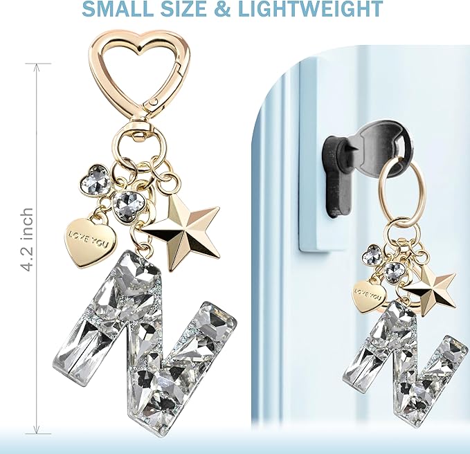 Cute Bling Keychain initial Letter Butterfly Star Pink Purple Gift for Women Girls Bag Cup Charms Accessories