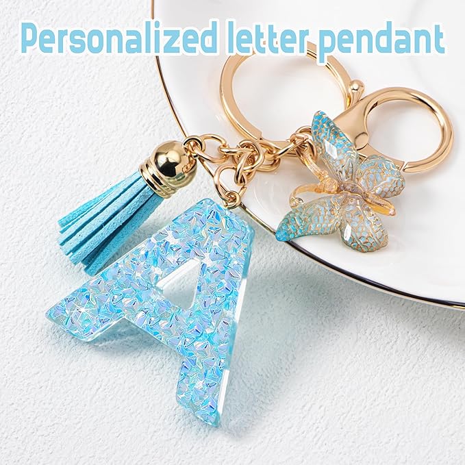 Initial letter Keychains for Women Girls Tassel Butterfly Cute Keychain for Wallet Backpack charm
