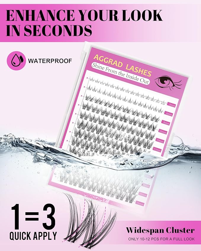 Venus Lash Clusters Kit Wispy 8-16mm with 5-6mm Bottom Lashes Natural Individual False Cluster Eyelash Extension Kit D Curl with Waterproof Bond and Seal & Lash Remover for Fake Lashes Extensions