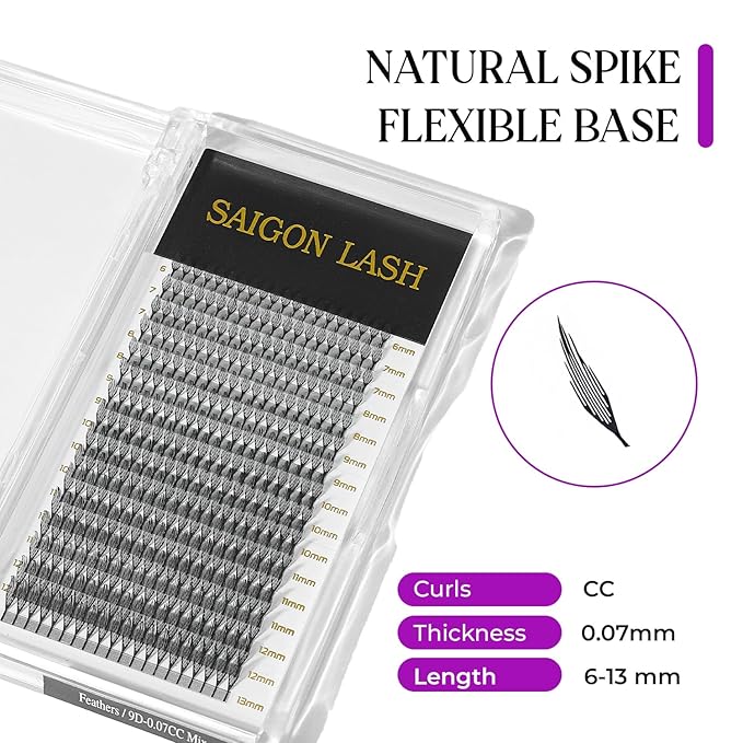 SAIGON LASH Feather Effect Promade Fans – 9D Wispy Volume Lashes, CC Curl 0.07, Mixed Length 6–13mm, Loose Handmade Extensions for Lash Artists (Black-CC-0.07-6 - 13mm)