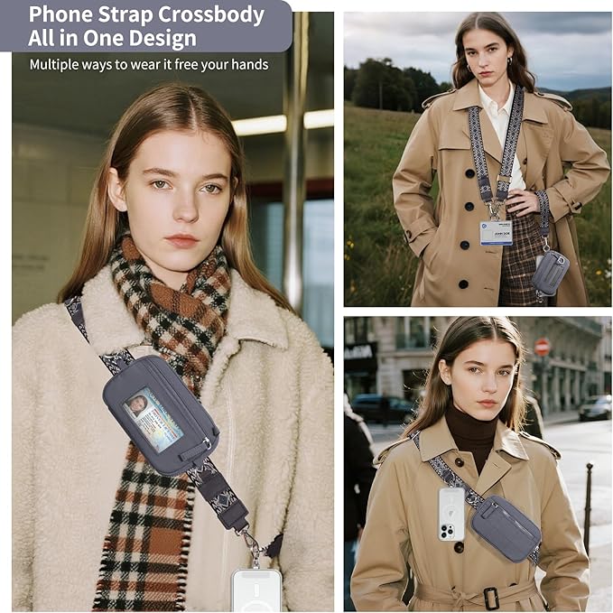 Clip and Go Strap for Phone with Wallet Crossbody Phone Lanyard with Anti-Theft Zipper Pouch Detachable Quilted Wrist Wallet with RFID and ID Window for Daily Travel. Grey