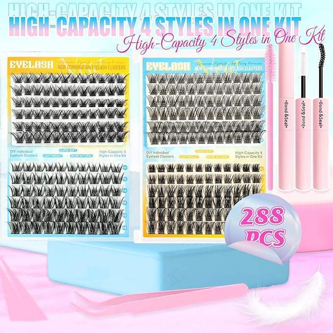 Lash Clusters Kit 288pcs, Natural Wispy DIY Eyelash Lashes Clusters Extensions Kit, 10-18mm D Curl with Lash Glue, Brush Tweezer