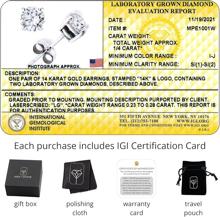 1/4-2 Carat IGI Certified Lab Grown Diamond Stud Earrings | Solitaire Real Diamonds Earring for Women in I-J Color & SI1-SI2 Clarity | 14K Gold Diamond Studs with Secure Backs by MAX + STONE