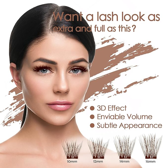 DIY Eyelash Extension, 3D Effect Individual Melt Flare Lash Cluster Natural Lashes Set, Home Eyelash Extension Lashes Pack (12MM-Amber)