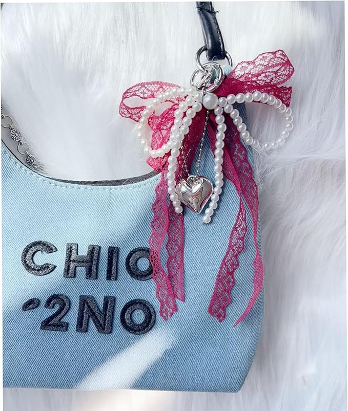 Pearl Bow Keychain Cute Y2k Lace Bowknot Keychain Coquette Aesthetic Accessories Bag Purse Handbag Backpack Charm
