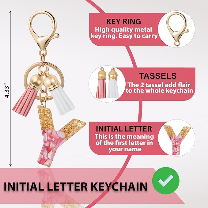 Initial Letter Keychain Cute Resin with 2 PU Tassel, Letter Keychain for Backpack Charms, Initial Keychains for Women