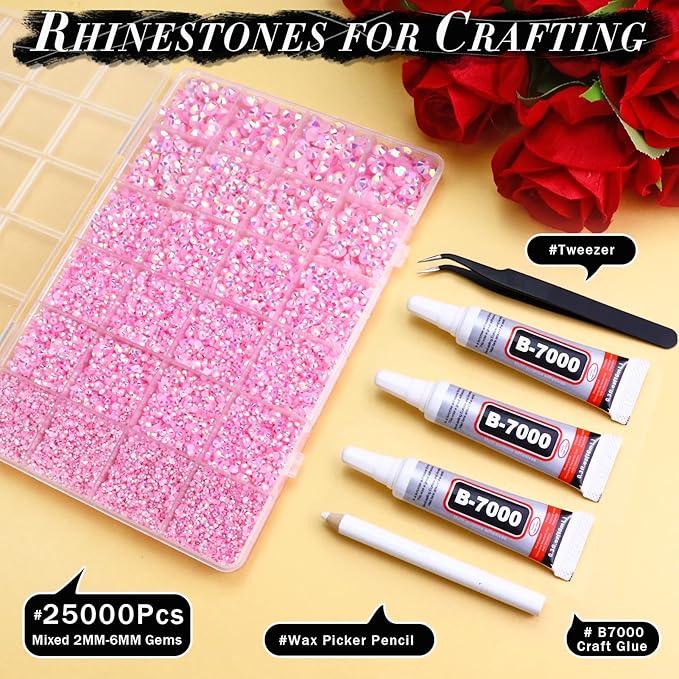 25000PCS Jelly Rhinestones for Crafting, Light Pink AB Resin Flatback Gems 2mm 3mm 4mm 5mm 6mm, Bedazzling Crystal Stones with B7000 Glue Tweezers Wax Pencil, Non Hotfix