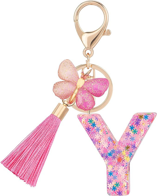 Suweibuke Cute Pink Key Chains for Women Girls, Initial Letter Keychains with Tassel, Charms for Key Purse Handbags Backpacks