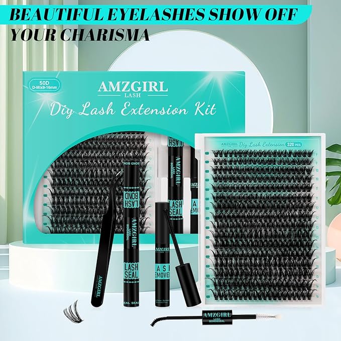 Lash Clusters Kit 320Pcs,50D Eyelash Extension Kit,Lash Bond and Seal Waterproof,Lash Remover for Individual Cluster Lashes Kit,Lash Applicator Tool for DIY Lash Extension Kit(D-Mix9-16mm Kit)