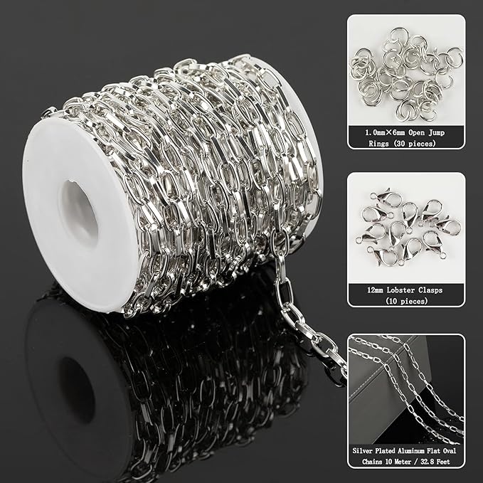 32.8 Feet Aluminum Flat Oval Silver Chains for Jewelry Making Unwelded Paperclip Link Cable Chain Spool Necklace Chains Bulk with Lobster Clasps and Jump Rings
