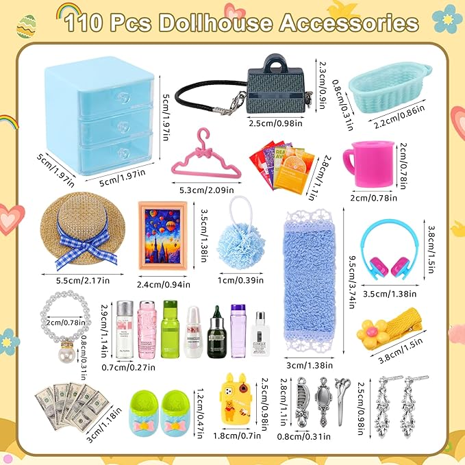 110Pcs Dollhouse Miniature Accessories Mini Bathroom Makeup Jewelry Set with Handbag Shampoo Perfume Hair Dryer Comb Shoes Glasses Money Photo Frame for DIY Doll Backpack Girl Micro Scene Decor