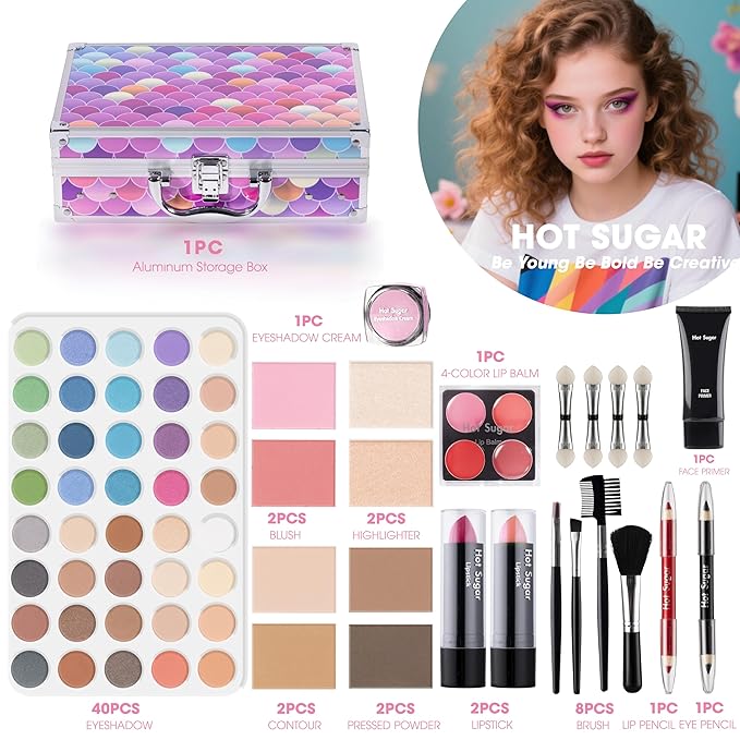 Hot Sugar Makeup Kit for Girls 10-12, Girls Makeup Set Ages 8-12, 14-16, Beauty Box with Real Cosmetics for Women (Mermaid)
