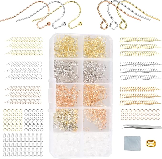 Rose Gold Earring Hooks - 630 pcs Earring Making kit with 14k Gold Hypoallergenic Earring Hooks, Jump Rings and Clear Rubber Earring Backs for DIY Jewelry Making