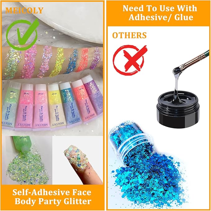 MEICOLY Lime Green Body Glitter,Chunky Chameleon Face Glitter for Halloween Alien Makeup,Color Changing Mermaid Face Glitter Gel,Holographic Glitter for Face Body Hair,Festival Party Cheer Glitter
