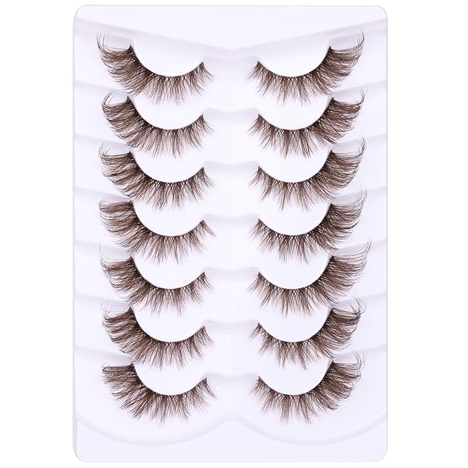 Brown Eyelashes Fairy Lashes Cat Eye Wispy False Eyelashes Strip Lashes Mink Flutter Strip Lashes Brown Fox Eye Long Volume Fake Eyelashes 7 Pairs ALICROWN