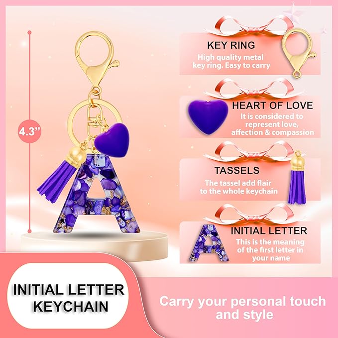 Initial Keychains for Women with Cute Heart Resin - Alphabet Letter Keychain for Bag, Backpacks, Purse or Car key