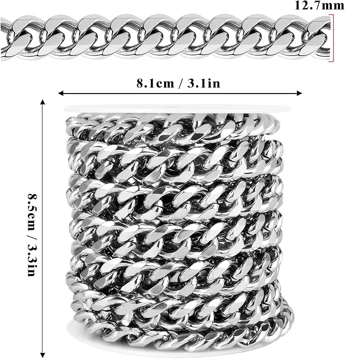 2Yards Stainless Steel Cuban Chain Roll 12.7MM Stainless Steel Curb Link Chain Spool Bulk for Jewelry Making