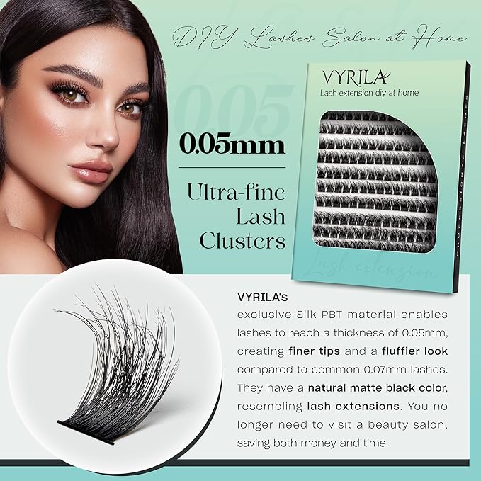 VYRILA Lash Clusters 0.05mm Individual Lashes, 3D Wispy Lashes Clusters, 0.1mm Super Thin Band Resuable Natural Lashes,D Curl Faux Mink Lashes,180pcs Lash Extension (Green Lushy-C-0.05-8-16mix)
