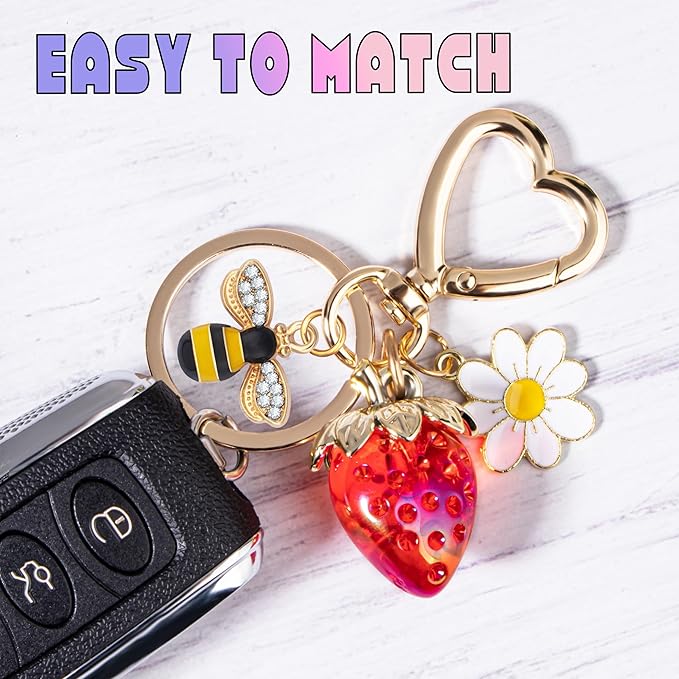Wikavanli Cute Strawberry Keychain,Bag Charms,Kawaii Heart Flower Daisy Key chains Accessories Decor for Women Girls Purse